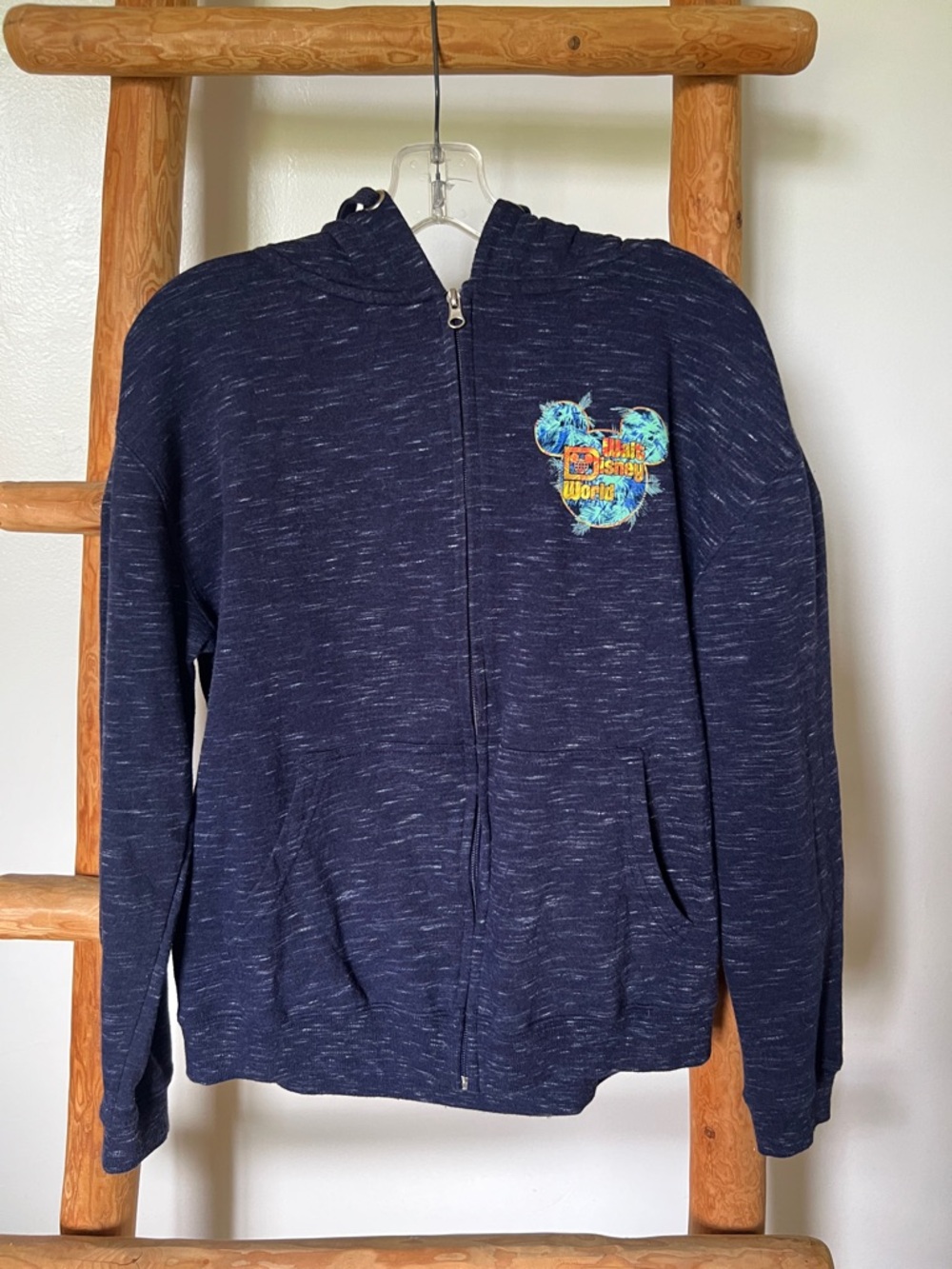 Disney Navy Heather Zip-Up Hoodie with Colorful Mickey World Patch